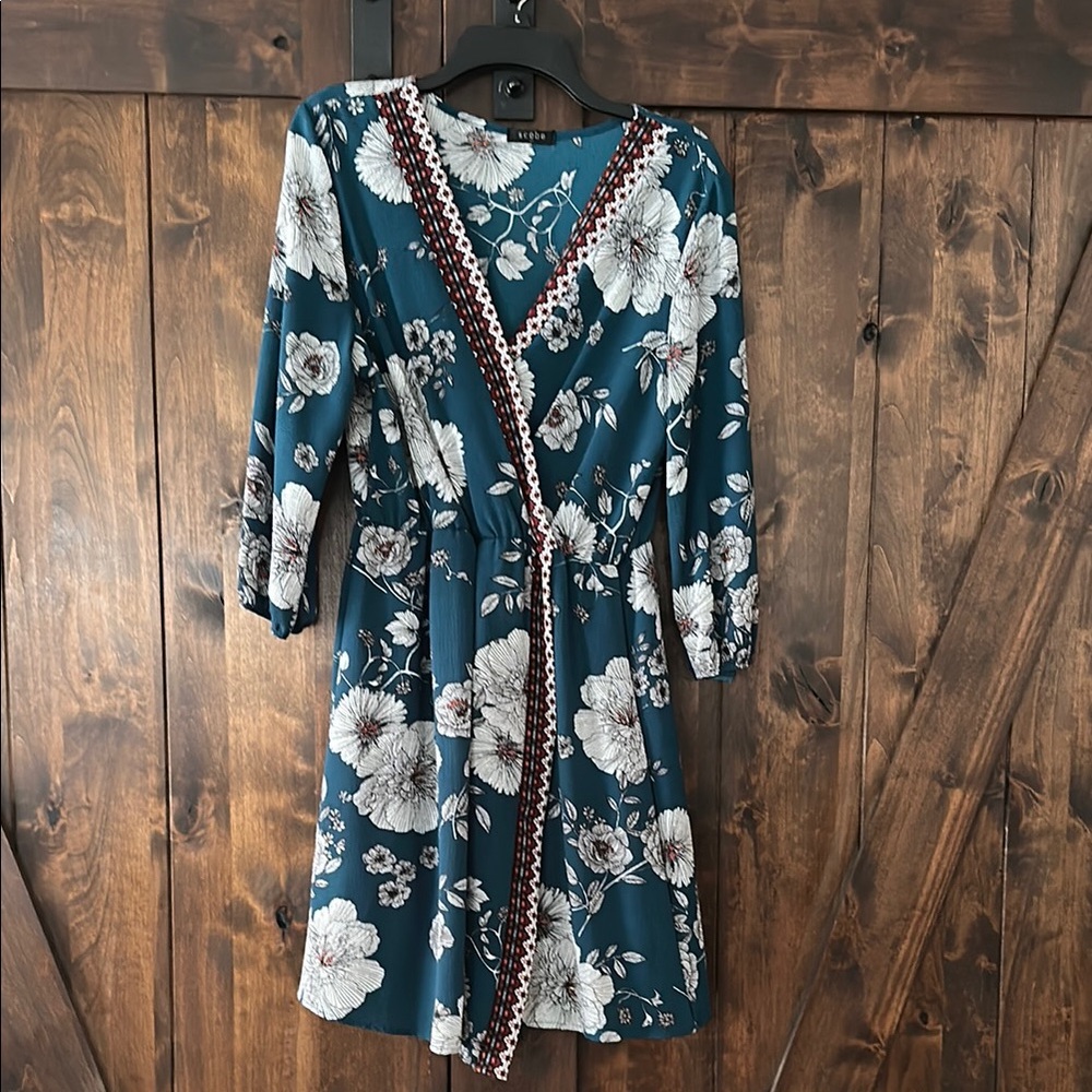 Faux Floral Wrap Dress in Teal by [Brand]